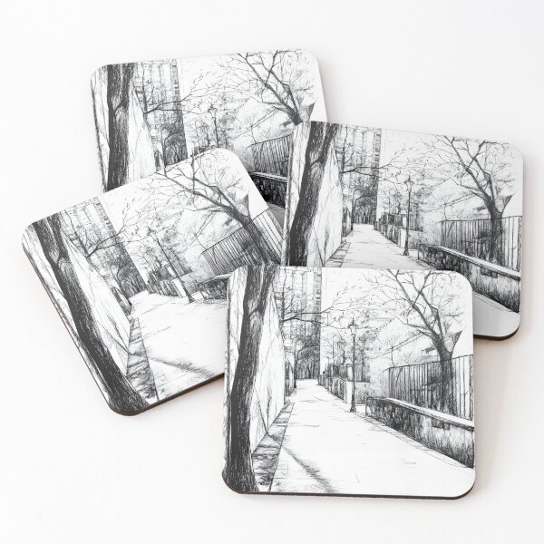 Item preview, A black and white pencil sketch of a chill urban scene with a concrete path flanked by bare trees designed and sold by MarcinJ84.