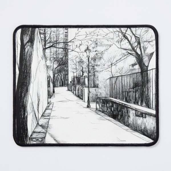 Item preview, A black and white pencil sketch of a chill urban scene with a concrete path flanked by bare trees designed and sold by MarcinJ84.