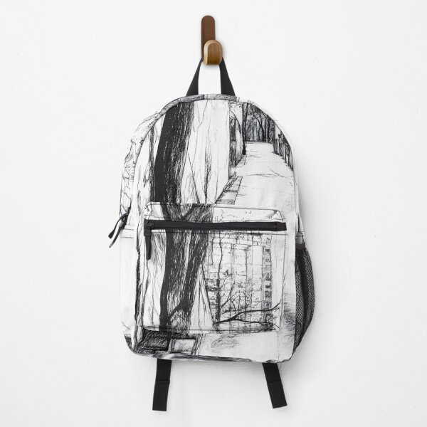 Item preview, A black and white pencil sketch of a chill urban scene with a concrete path flanked by bare trees designed and sold by MarcinJ84.
