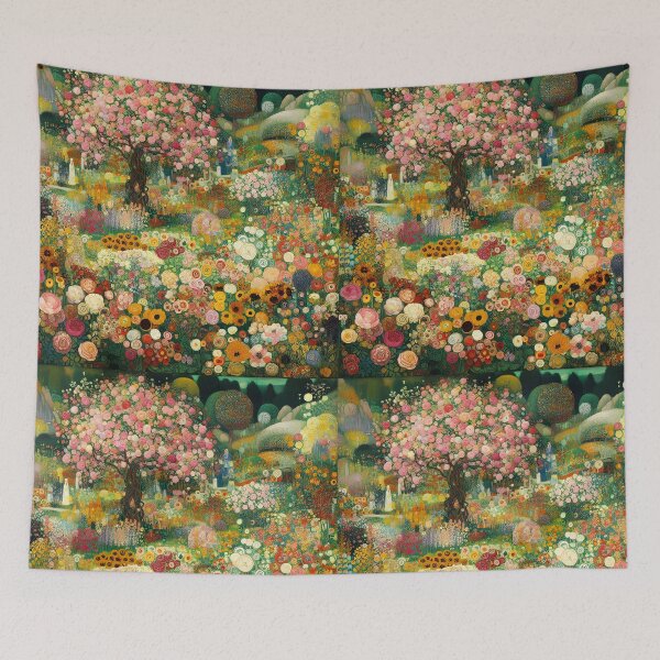 Item preview, Klimt Inspired Floral Garden with Pink Sakura Tree – Symbolist Art Nouveau designed and sold by EmeraldeaArt.