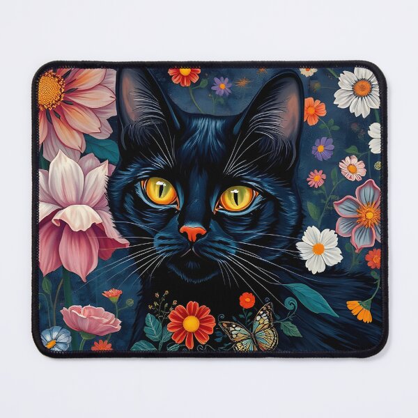 Item preview, Black Cat in Flower Garden – Blue-Black Fur with Pink and Red Blossoms designed and sold by EmeraldeaArt.