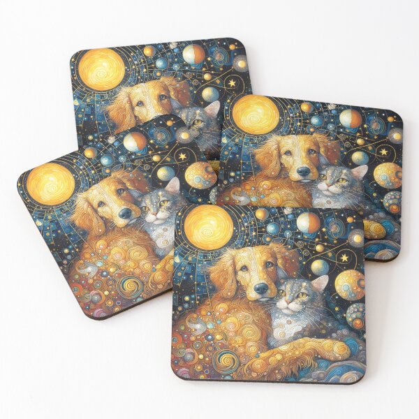 Item preview, Cat and Dog Embrace – Klimt Style Symbolist Art with Cosmic Galaxy designed and sold by EmeraldeaArt.
