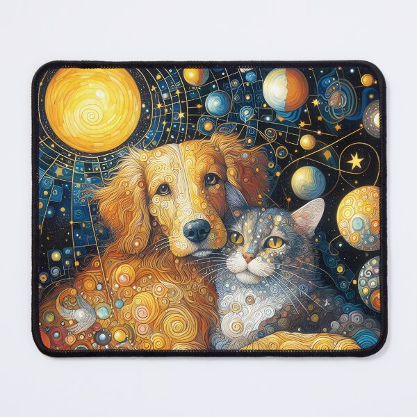 Item preview, Cat and Dog Embrace – Klimt Style Symbolist Art with Cosmic Galaxy designed and sold by EmeraldeaArt.