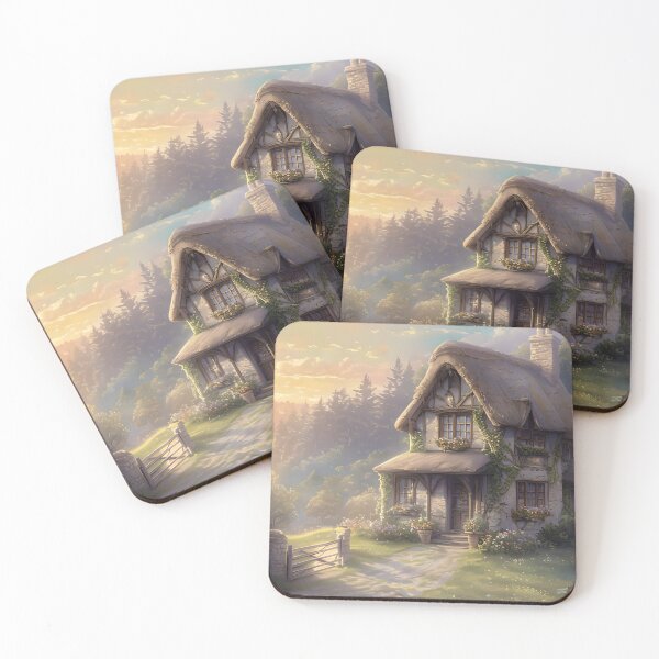 Item preview, Cozy Thatched Cottage at Sunset – Rustic Countryside Landscape Art designed and sold by TheArtisticPres.