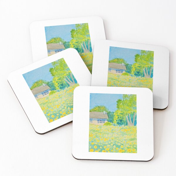 Item preview, Watercolor field of yellow flowers and a stone cabin designed and sold by Anne Dallman.