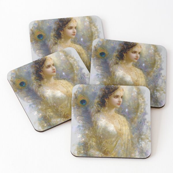 Item preview, Retrato de la Divina Radha - Arte devocional espiritual del pavo real dorado designed and sold by All Souls Dream.