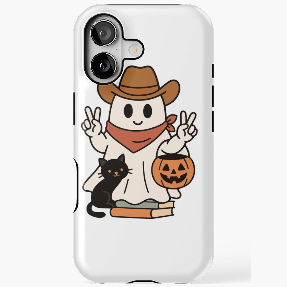 Western Cowboy Ghost with Black Cat and Pumpkin - Fun Halloween Art Sticker
