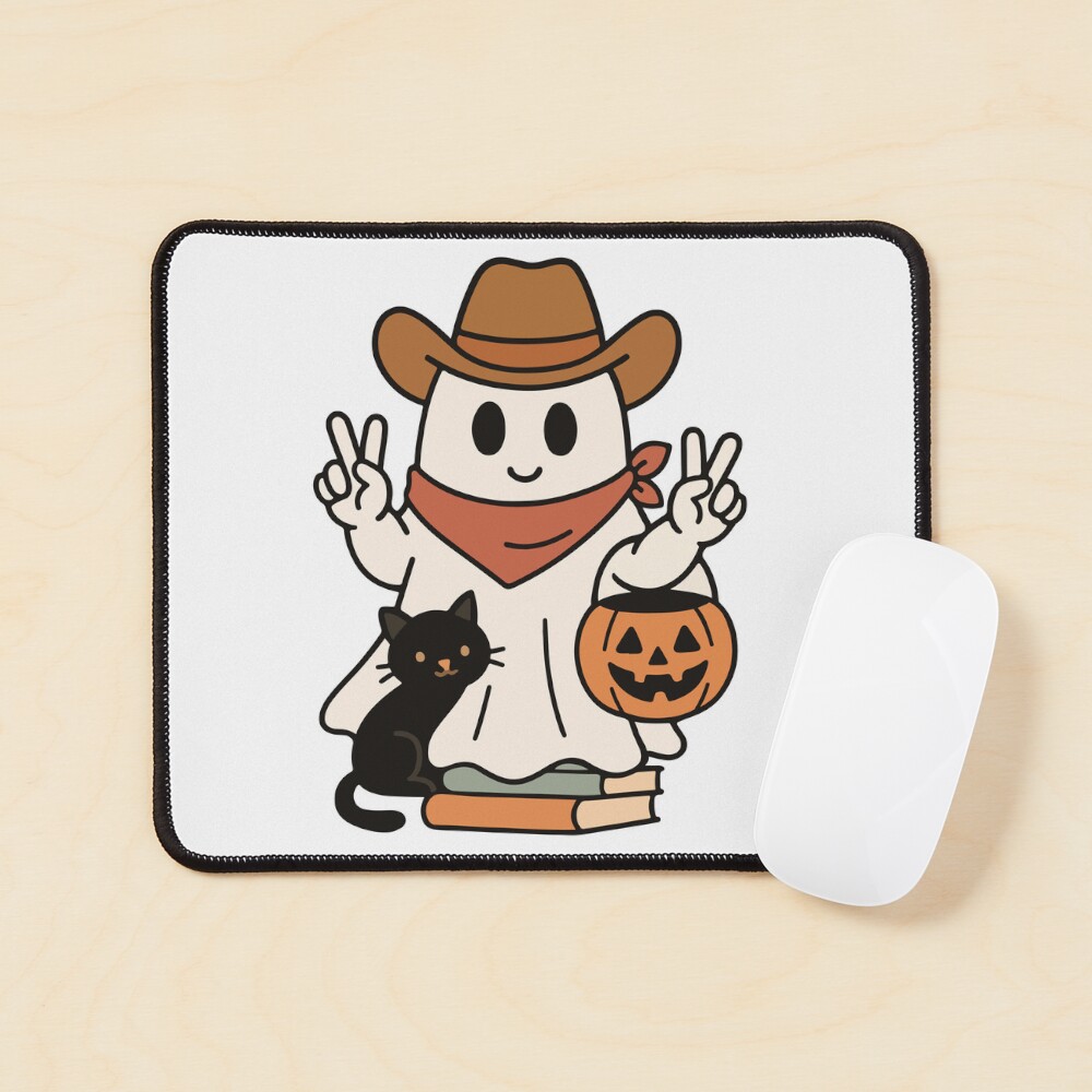 Western Cowboy Ghost with Black Cat and Pumpkin - Fun Halloween Art Sticker