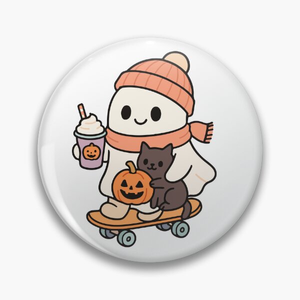 Item preview, Cool Ghost Skateboarding with Black Cat and Pumpkin - Fun Halloween Illustration designed and sold by MegMadeCrafts.
