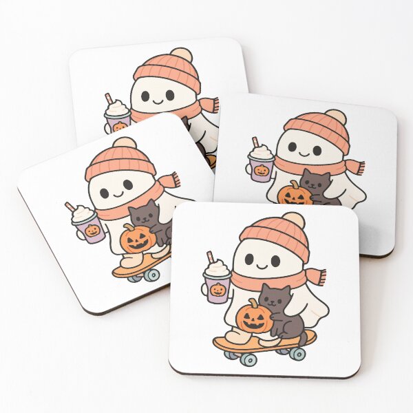 Item preview, Cool Ghost Skateboarding with Black Cat and Pumpkin - Fun Halloween Illustration designed and sold by MegMadeCrafts.