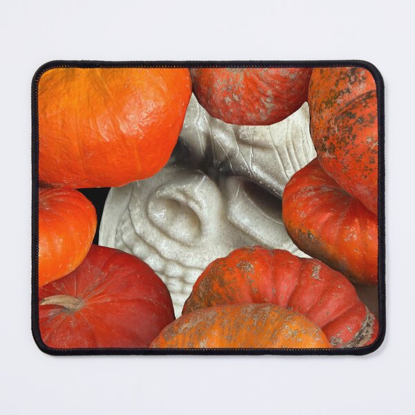 Item preview, Skeleton skull is hiding behind pumpkins. designed and sold by MYTOPSHELF.