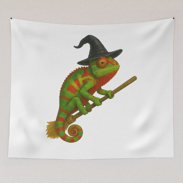 Item preview, Green Chameleon Riding a Broomstick designed and sold by thehaywirehoney.