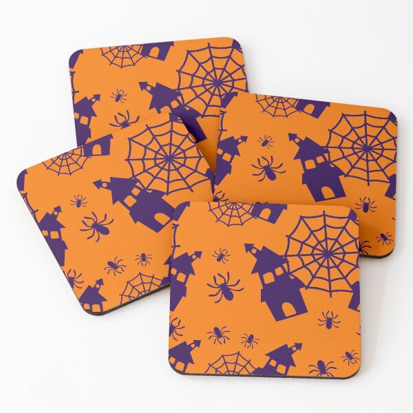 Artikelvorschau, Halloween Spukhaus und Spinnweben Muster | Gruseliger orange und schwarzer Wandteppich entworfen und verkauft von FestivityFinds.
