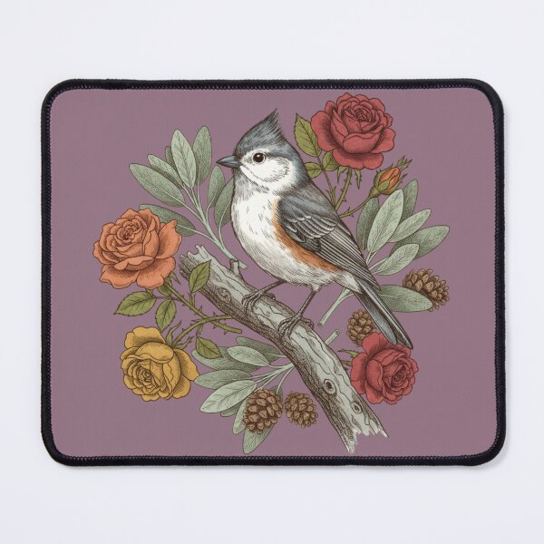 Item preview, Tufted Titmouse Bird Resting Among Vibrant Roses designed and sold by BirdsnStuff.