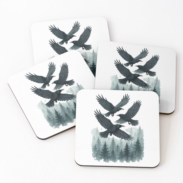 Item preview, Mystic Ravens Over Forest – Tribal Style Crow Art with Watercolor Pines designed and sold by inkoutninja.