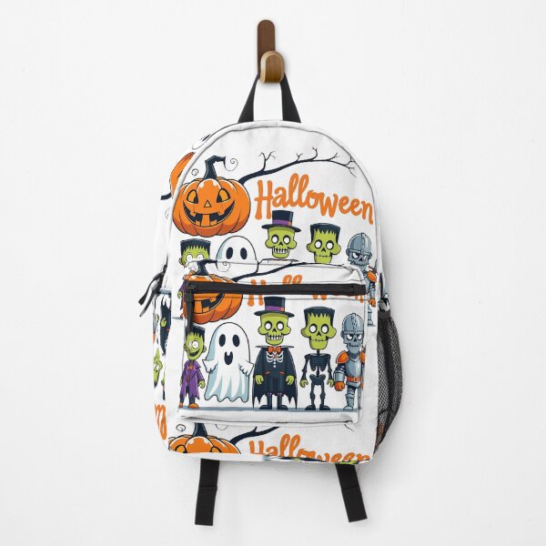 Item preview, Halloween design with smiling pumpkins, skulls, bats, spiders, and web on blue background with happy Halloween designed and sold by PWDigitalArt.
