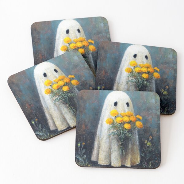 Item preview, Sheet ghost holding marigold flower bouquet designed and sold by scicilysimonee.