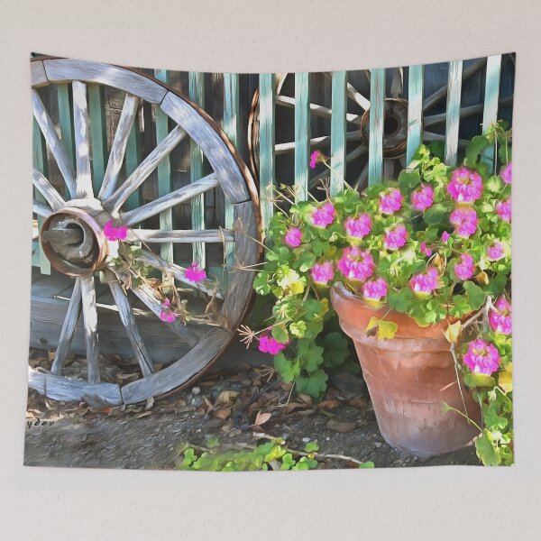 Item preview, Potted Plant and a Wagon Wheel by Floyd Snyder designed and sold by BarbaraSnyder.