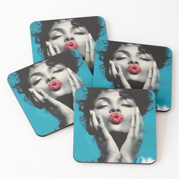 Item preview, A playful and charming portrait with kissing lips on turquoise. designed and sold by Piotrek0001.