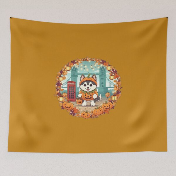 Item preview, Kawaii Husky in Pumpkin Costume at Tower Bridge – Halloween London  designed and sold by FixwellStudio.