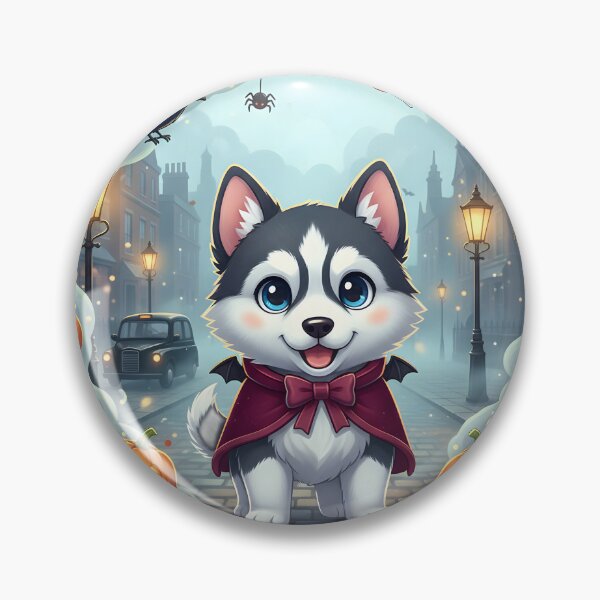 Item preview, Kawaii Husky Vampire in Foggy London – Cute Halloween Dog  designed and sold by FixwellStudio.
