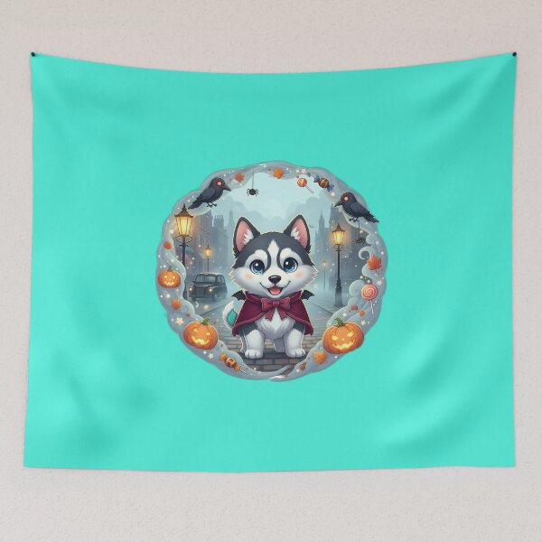 Item preview, Kawaii Husky Vampire in Foggy London – Cute Halloween Dog  designed and sold by FixwellStudio.