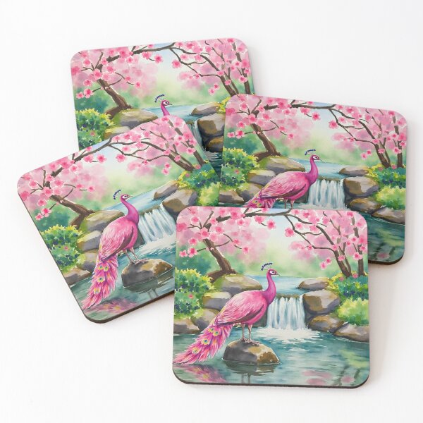 Item preview, Pink Peacock Waterfall – Vibrant Nature & Fantasy watercolor drawing designed and sold by skysshobu.