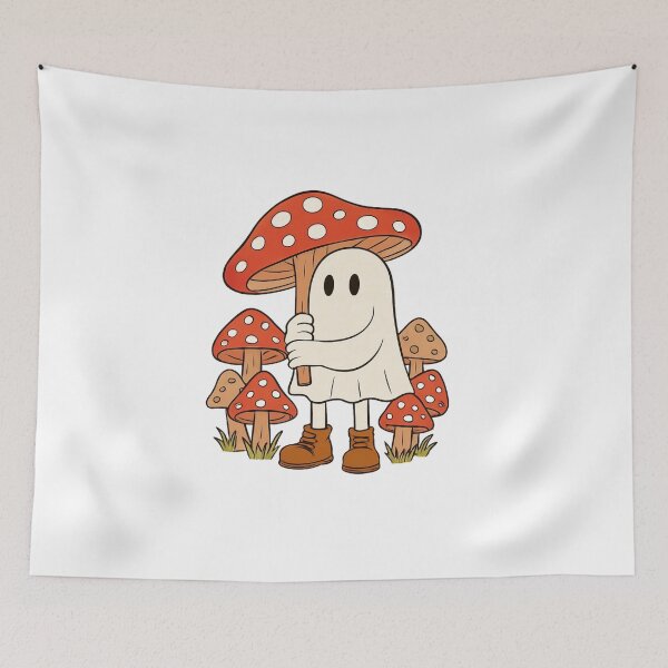 Item preview, Whimsical Ghost Embracing Red Mushroom Cartoon designed and sold by RuweisVibes.