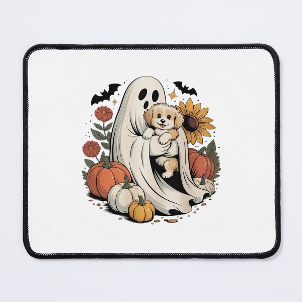 Item preview, Halloween Ghost Aussie Dog Autumn Flowers Pumpkins designed and sold by Jadiantukora.