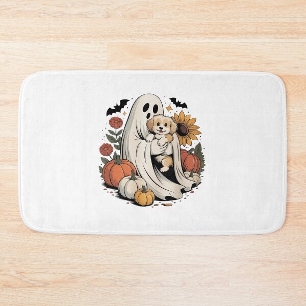 Item preview, Halloween Ghost Aussie Dog Autumn Flowers Pumpkins designed and sold by Jadiantukora.
