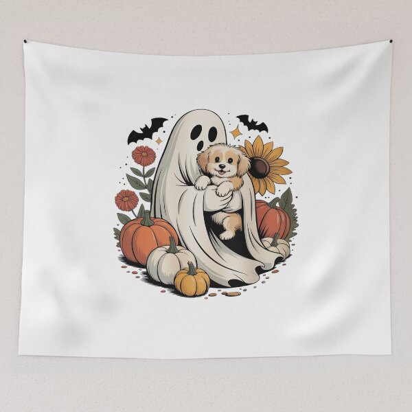 Item preview, Halloween Ghost Aussie Dog Autumn Flowers Pumpkins designed and sold by Jadiantukora.