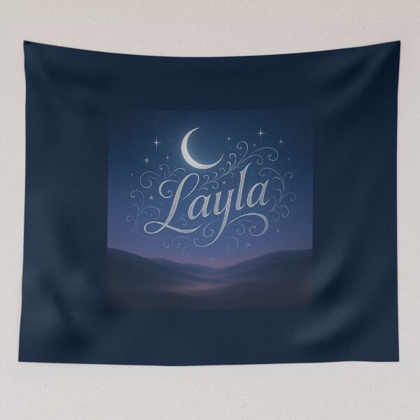 Item preview, LAYLA Moonlit Calligraphy Name Print – Silver Filigree Script over Desert Night Sky designed and sold by VoidBloom Studio.