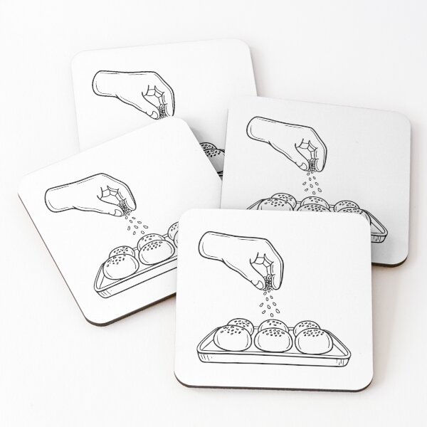 Item preview, A hand scattering sesame seeds onto unbaked buns on a tray designed and sold by rasagamastore.