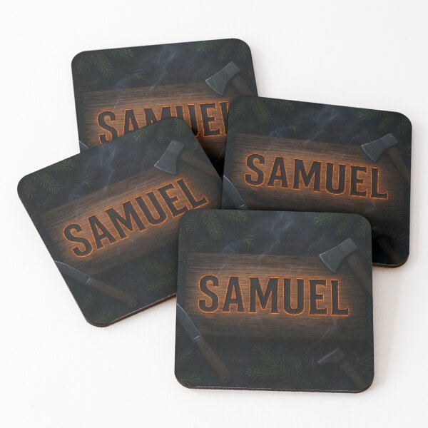 Item preview, SAMUEL Burned Cedar Name Art – Rustic Wood Engraving with Ember Glow & Camp Tools designed and sold by VoidBloom Studio.