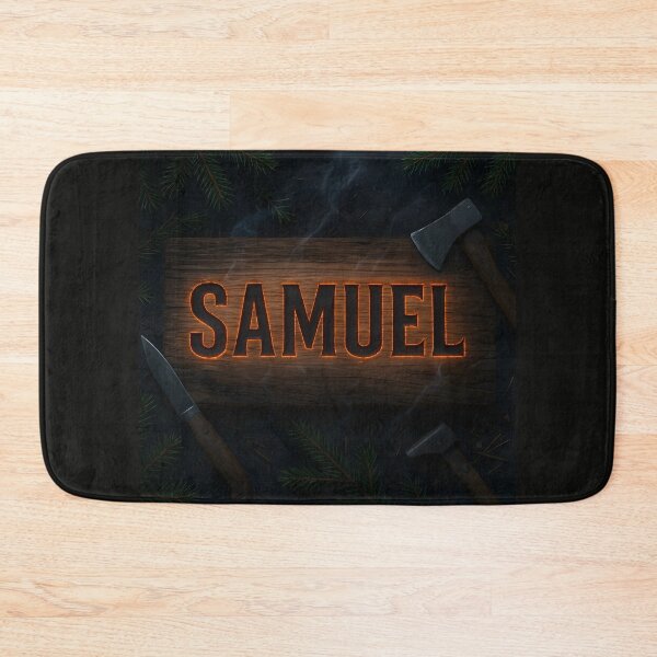 Item preview, SAMUEL Burned Cedar Name Art – Rustic Wood Engraving with Ember Glow & Camp Tools designed and sold by VoidBloom Studio.