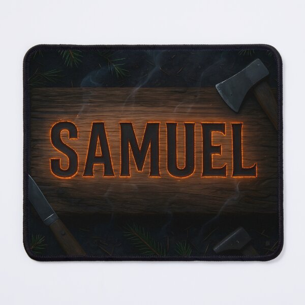 Item preview, SAMUEL Burned Cedar Name Art – Rustic Wood Engraving with Ember Glow & Camp Tools designed and sold by VoidBloom Studio.