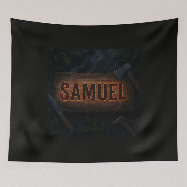 Item preview, SAMUEL Burned Cedar Name Art – Rustic Wood Engraving with Ember Glow & Camp Tools designed and sold by VoidBloom Studio.