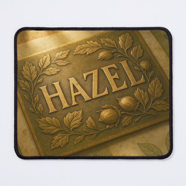 Item preview, HAZEL Botanical Brass Name Print – Antique Plaque with Hazel Leaves & Golden Hour designed and sold by VoidBloom Studio.