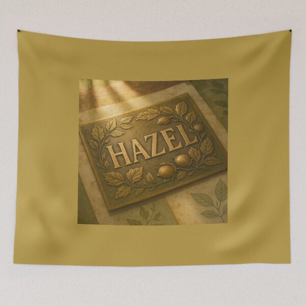 Item preview, HAZEL Botanical Brass Name Print – Antique Plaque with Hazel Leaves & Golden Hour designed and sold by VoidBloom Studio.