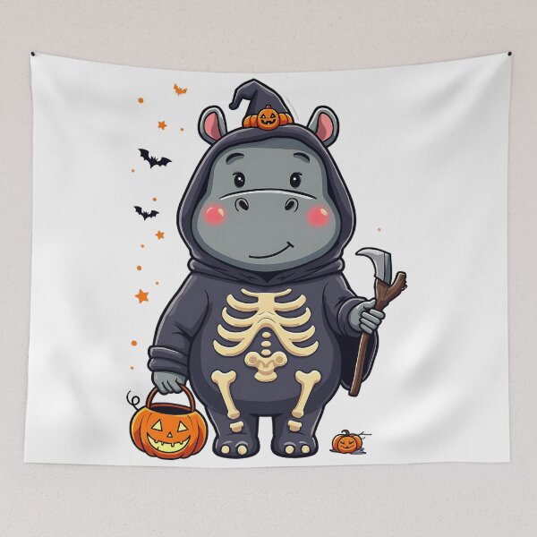 Item preview, Cute Hippo Halloween Skeleton Costume Pumpkin Spooky Grim Reaper Art designed and sold by ArtDesignTp.