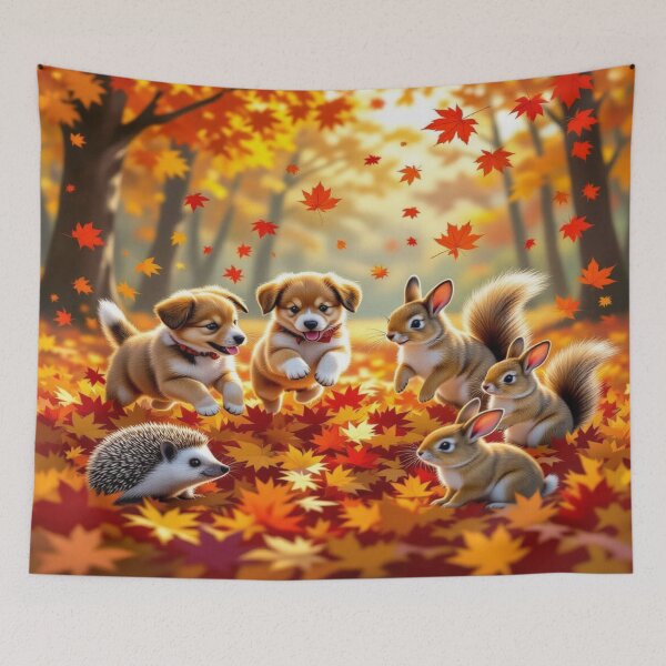 Item preview, Autumn Whispers - Animals dance through colorful leaves – playful forest joy in golden light designed and sold by FotoworldEdel.