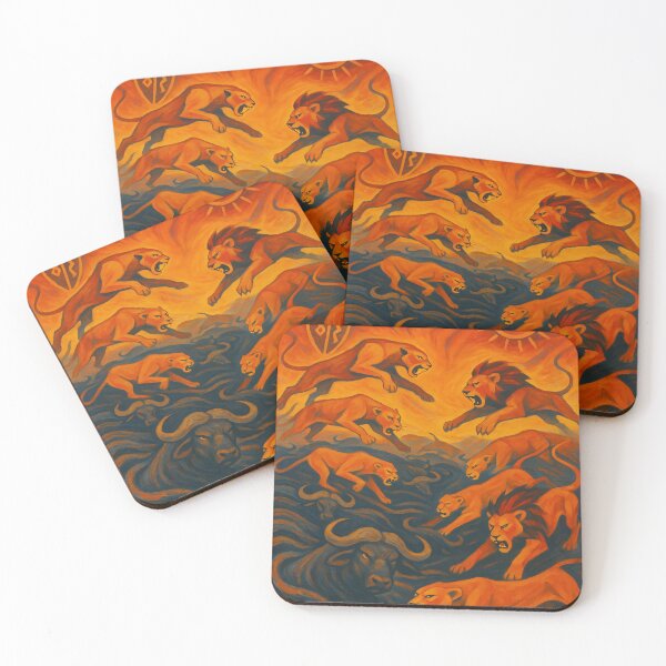 Item preview, Lion Pride Hunt – Fiery Tribal African Wildlife Painting designed and sold by WildlifeInc.