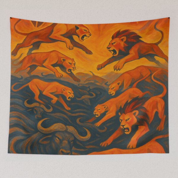 Item preview, Lion Pride Hunt – Fiery Tribal African Wildlife Painting designed and sold by WildlifeInc.