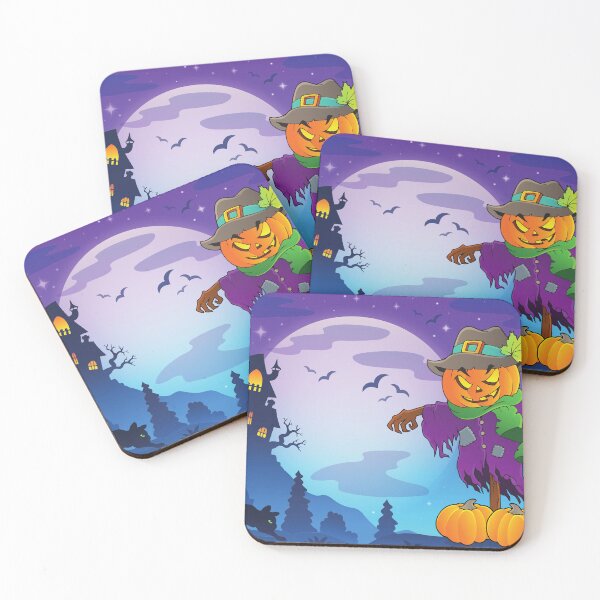 Item preview, Colorful Halloween Scarecrow Design – Jack O’Lantern Head, Pumpkins, Black Cat, Haunted House, Full Moon, Flying Bats – Spooky Fun Art designed and sold by petpuppymania.