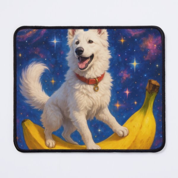 Item preview, Swiss Shepherd Riding Banana in Space designed and sold by Flying Doggo.
