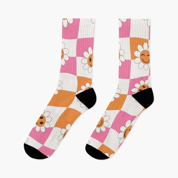 Item preview, Retro Smiling flowers on warped pink and orange checkerboards  designed and sold by Yasminepatterns .