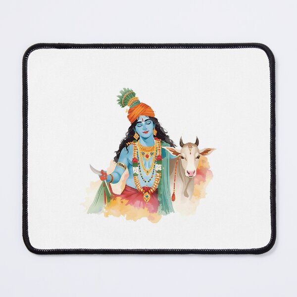 Item preview, Lord Shri Krishna With Cow Watercolor Painting - Hare Krishna Playing Flute - The God of Love " designed and sold by IndoPatterns.