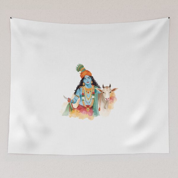 Item preview, Lord Shri Krishna With Cow Watercolor Painting - Hare Krishna Playing Flute - The God of Love " designed and sold by IndoPatterns.