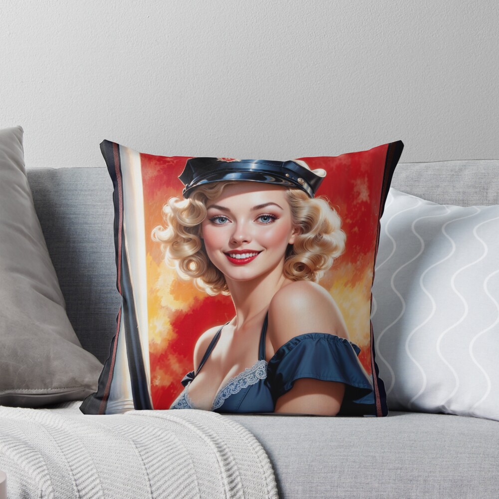 Classic Police Pin-Up Xanthea Romelia Illustrative Portrait Fascinating AI Concept Art by Xzendor7 Decorative Art Print Throw Pillow