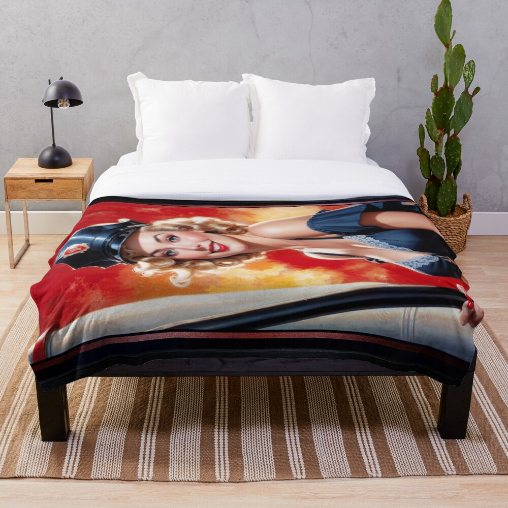 Classic Police Pin-Up Xanthea Romelia Illustrative Portrait Fascinating AI Concept Art by Xzendor7 Decorative Art Print Throw Blanket